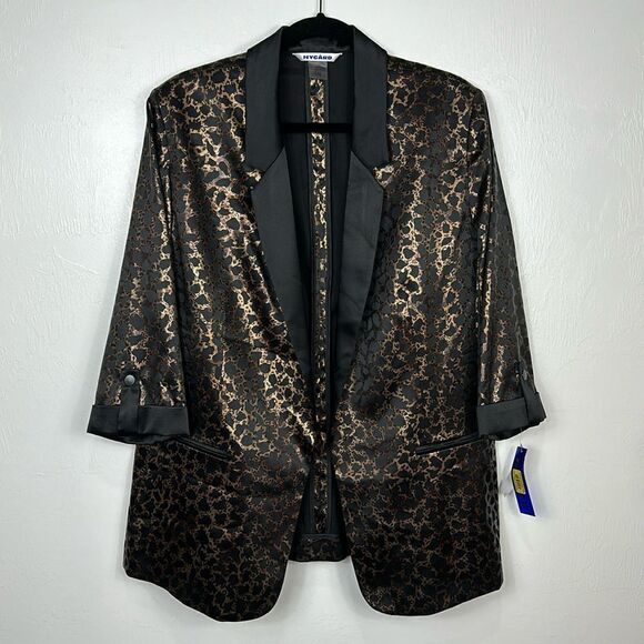 Peter Nygard Satin Gold Leopard Print Open Front Tuxedo Blazer Size L - Picture 1 of 10